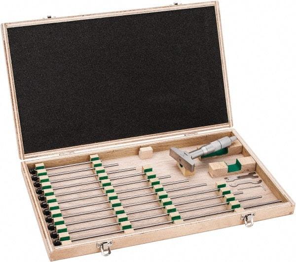 Mitutoyo - 0 to 12" Range, 12 Rod, Satin Chrome Finish Mechanical Depth Micrometer - Ratchet Stop Thimble, 2-1/2" Base Length, 0.01mm Graduation, 4mm Rod Diam - USA Tool & Supply
