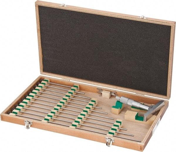Mitutoyo - 0 to 12" Range, 12 Rod, Satin Chrome Finish Mechanical Depth Micrometer - Ratchet Stop Thimble, 4" Base Length, 0.01mm Graduation, 4mm Rod Diam - USA Tool & Supply