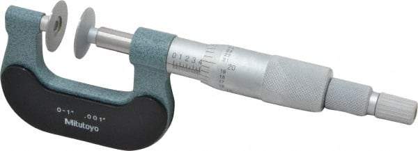 Mitutoyo - 0 to 1 Inch, 0.001 Inch Graduation, Ratchet Stop Thimble, Mechanical Disc Micrometer - 0.0002 Inch Accuracy, 0.7874 Inch Disc, 8mm Spindle, 0.0001 Inch Resolution - USA Tool & Supply