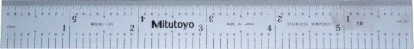 Mitutoyo - 6" Long, 1/100, 1/64, 1/32, 1/10" Graduation, Rigid Stainless Steel Rule - 5R Graduation Style, 3/4" Wide, Silver, Satin Chrome Finish - USA Tool & Supply