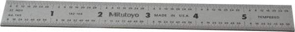 Mitutoyo - 6" Long, 1/64, 1/32" and 0.5, 1mm Graduation, Rigid Stainless Steel Rule - English/Metric Graduation Style, 3/4" Wide, Silver, Satin Chrome Finish - USA Tool & Supply