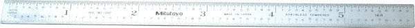 Mitutoyo - 6" Long, 1/100, 1/64, 1/50, 1/32" Graduation, Flexible Stainless Steel Rule - 16R Graduation Style, 1/2" Wide, Silver, Satin Chrome Finish - USA Tool & Supply