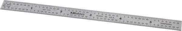 Mitutoyo - 6" Long, 1/64, 1/32" and 0.5, 1mm Graduation, Flexible Stainless Steel Rule - English/Metric Graduation Style, 1/2" Wide, Silver, Satin Chrome Finish - USA Tool & Supply
