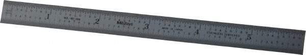 Mitutoyo - 6" Long, 1/100, 1/50" and 0.5, 1mm Graduation, Flexible Stainless Steel Rule - Decimal/Metric Graduation Style, 1/2" Wide, Silver, Satin Chrome Finish - USA Tool & Supply
