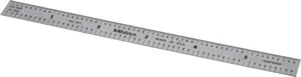 Mitutoyo - 6" Long, 1/100, 1/10" and 0.5, 1mm Graduation, Flexible Stainless Steel Rule - Decimal/Metric Graduation Style, 1/2" Wide, Silver, Satin Chrome Finish - USA Tool & Supply