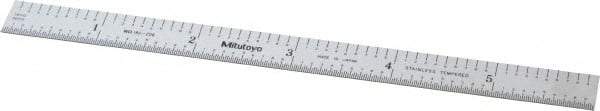 Mitutoyo - 6" Long, 1/50, 1/10" and 0.5, 1mm Graduation, Flexible Stainless Steel Rule - Decimal/Metric Graduation Style, 1/2" Wide, Silver, Satin Chrome Finish - USA Tool & Supply