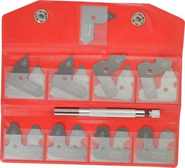 Mitutoyo - 17 Piece, 1/64 to 17/64 Inch Radius, Radius Gage Set - Satin Chrome Coated - USA Tool & Supply