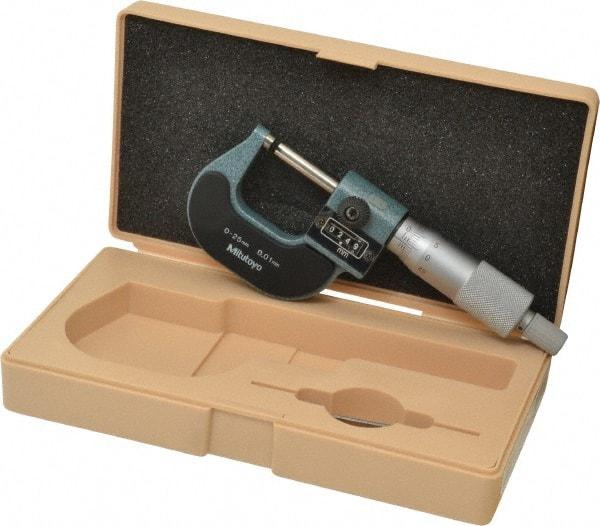 Mitutoyo - 0 to 25mm Range, 0.01mm Graduation, Mechanical Outside Micrometer - Ratchet Stop Thimble, Accurate to 2µm, Digital Counter - USA Tool & Supply