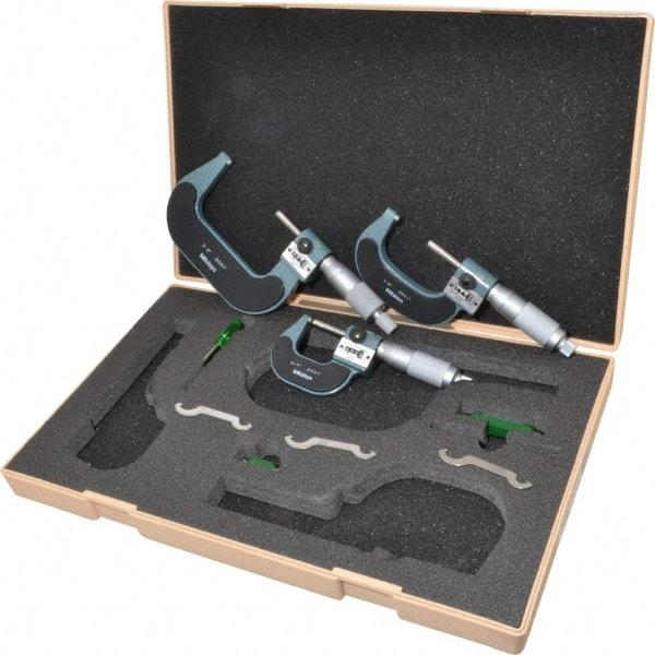 Mitutoyo - 0 to 3" Range, 3 Piece Mechanical Outside Micrometer Set - 0.0001" Graduation, 0.0001" Accuracy, Friction (0 to 2"), Ratchet Stop (2 to 3") Thimble, Carbide Tipped Face - USA Tool & Supply