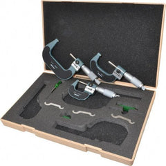 Mitutoyo - 0 to 3" Range, 3 Piece Mechanical Outside Micrometer Set - 0.0001" Graduation, 0.0001" Accuracy, Friction (0 to 2"), Ratchet Stop (2 to 3") Thimble, Carbide Tipped Face - USA Tool & Supply