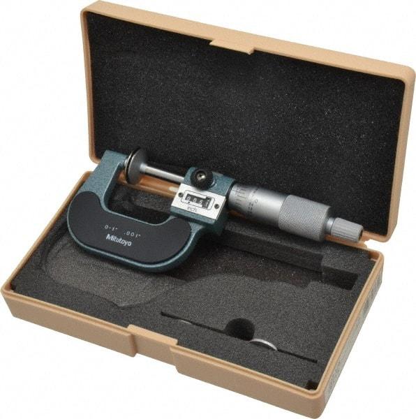 Mitutoyo - 0 to 1 Inch, 0.001 Inch Graduation, Ratchet Stop Thimble, Mechanical Disc Micrometer - 0.0002 Inch Accuracy, 20mm Disc, 6.35mm Spindle - USA Tool & Supply