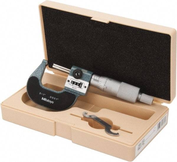Mitutoyo - 1 Inch Max Measurement, 0.0001 Inch Graduation, Spherical Face Micrometer - Accuracy Up to 0.0002 Inch, Baked Enamel Coated, Steel Measuring Face Material, Mechanical Operation, Ratchet Stop Thimble, Ball - USA Tool & Supply