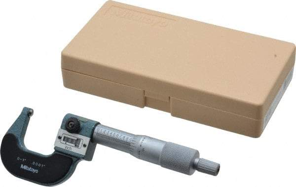Mitutoyo - 1 Inch Max Measurement, 0.0001 Inch Graduation, Spherical Face Micrometer - Accuracy Up to 0.0002 Inch, Baked Enamel Coated, Steel Measuring Face Material, Mechanical Operation, Ratchet Stop Thimble, Ball - USA Tool & Supply
