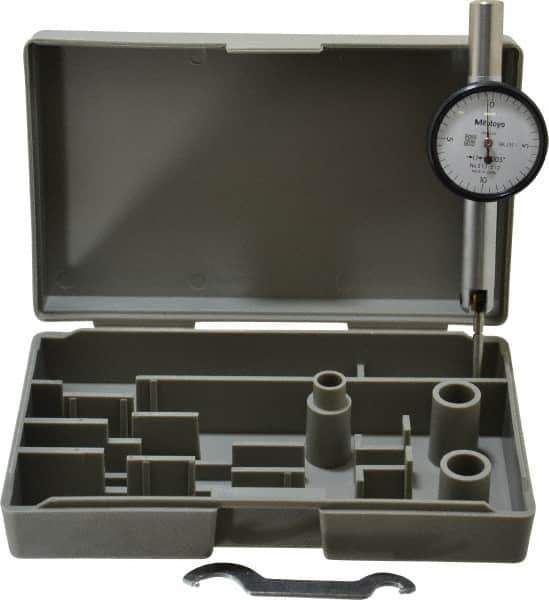 Mitutoyo - 0.02 Inch Range, 0.0005 Inch Dial Graduation, Horizontal Dial Test Indicator - 1.27 Inch White Dial, 0-10-0 Dial Reading, Accurate to 0.0005 Inch - USA Tool & Supply