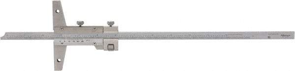 Mitutoyo - 0 to 12 Inch Measurement Range, 410mm Rule Length, 4 Inch Base Length, Vernier Depth Gage - 0.001 Inch Graduation, Accurate to 0.0015 Inch, Stainless Steel, Satin Chrome Coated - USA Tool & Supply