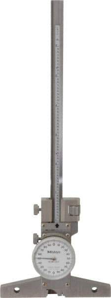 Mitutoyo - 0 to 6 Inch Range, Stainless Steel, White Dial Depth Gage - 0.001 Inch Graduation, 0.001 Inch Accuracy, 4 Inch Base Measuring Length - USA Tool & Supply