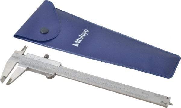 Mitutoyo - 0 to 6" Stainless Steel Vernier Caliper - 1/128" Graduation, 40mm Jaw Depth, 0.0015" Accuracy, Includes Depth Measurement Rod & Inside Diam Jaws - USA Tool & Supply