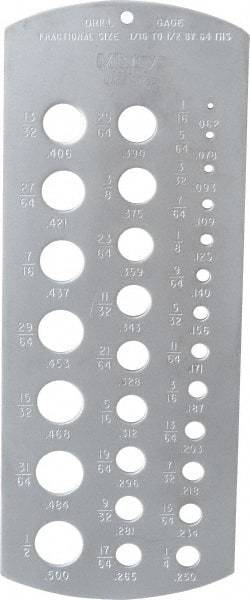 Mitutoyo - 1/16 Inch to 1/2 Inch Hole Size Drill Gage - 6-3/8 Inch Long, 2-1/2 Inch Wide, 29 Holes - USA Tool & Supply