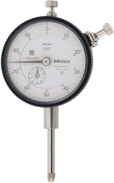 Mitutoyo - 1" Range, 0-100 Dial Reading, 0.001" Graduation Dial Drop Indicator - 2-3/16" Dial, 0.1" Range per Revolution, 0.002" Accuracy, Revolution Counter - USA Tool & Supply