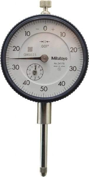 Mitutoyo - 1" Range, 0-50-0 Dial Reading, 0.001" Graduation Dial Drop Indicator - 2-1/4" Dial, 0.1" Range per Revolution, 0.002" Accuracy, Revolution Counter - USA Tool & Supply