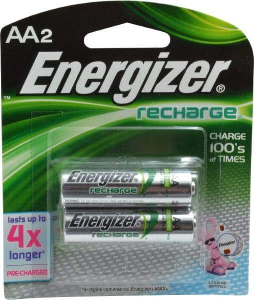 Energizer - Size AA, NiMH, 2 Pack, Standard Battery - 1.2 Volts, Flat Terminal, ANSI Regulated - USA Tool & Supply