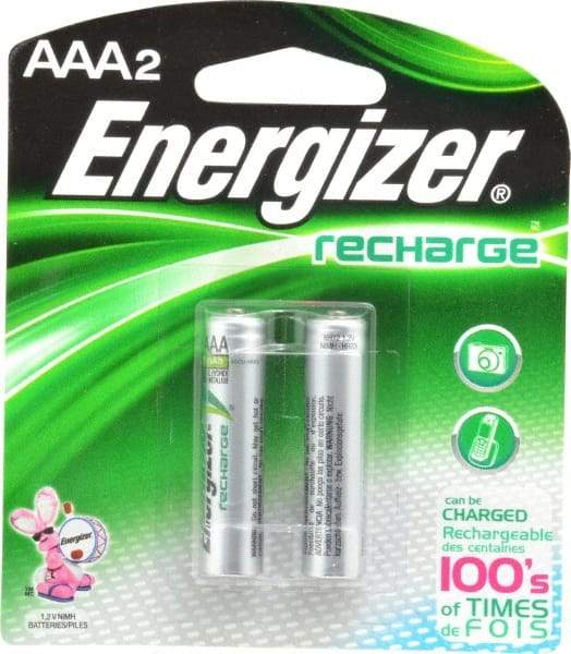 Energizer - Size AAA, NiMH, 2 Pack, Standard Battery - 1.2 Volts, Flat Terminal, ANSI Regulated - USA Tool & Supply