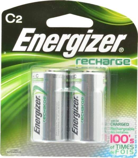 Energizer - Size C, NiMH, 2 Pack, Standard Battery - 1.2 Volts, Flat Terminal, ANSI Regulated - USA Tool & Supply