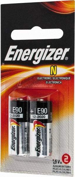 Energizer - Size N, Alkaline, 2 Pack, Specialty Battery - 1.5 Volts, Flat Terminal, LR1, ANSI, IEC Regulated - USA Tool & Supply