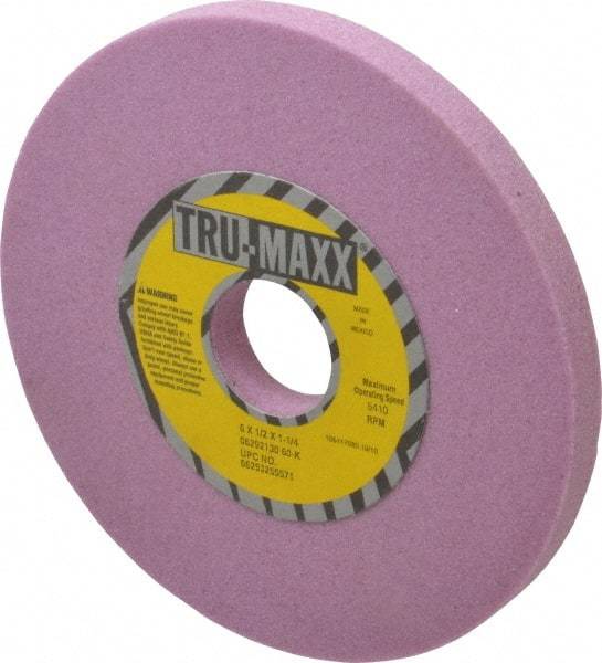 Tru-Maxx - 6" Diam x 1-1/4" Hole x 1/2" Thick, K Hardness, 60 Grit Surface Grinding Wheel - Aluminum Oxide, Type 1, Medium Grade, 5,410 Max RPM, Vitrified Bond, No Recess - USA Tool & Supply