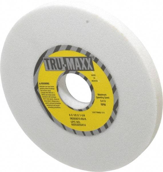 Tru-Maxx - 6" Diam x 1-1/4" Hole x 1/2" Thick, K Hardness, 60 Grit Surface Grinding Wheel - Aluminum Oxide, Type 1, Medium Grade, 5,410 Max RPM, Vitrified Bond, No Recess - USA Tool & Supply