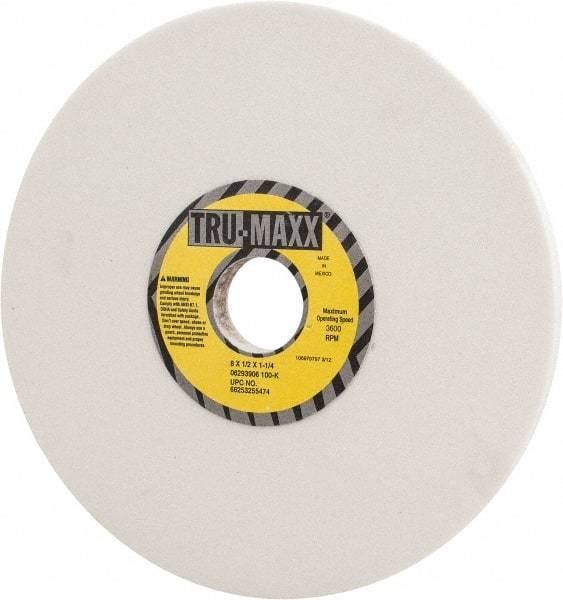 Tru-Maxx - 8" Diam x 1-1/4" Hole x 1/2" Thick, K Hardness, 100 Grit Surface Grinding Wheel - Aluminum Oxide, Type 1, Fine Grade, 3,600 Max RPM, Vitrified Bond, No Recess - USA Tool & Supply