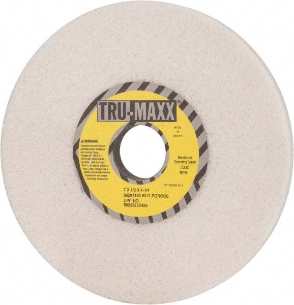 Tru-Maxx - 7" Diam x 1-1/4" Hole x 1/2" Thick, G Hardness, 60 Grit Surface Grinding Wheel - Aluminum Oxide, Type 1, Medium Grade, 3,600 Max RPM, Vitrified Bond, No Recess - USA Tool & Supply