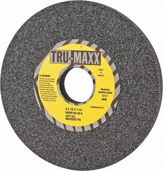Tru-Maxx - 6" Diam x 1-1/4" Hole x 1/2" Thick, K Hardness, 46 Grit Surface Grinding Wheel - Aluminum Oxide, Type 1, Coarse Grade, 5,410 Max RPM, Vitrified Bond, No Recess - USA Tool & Supply