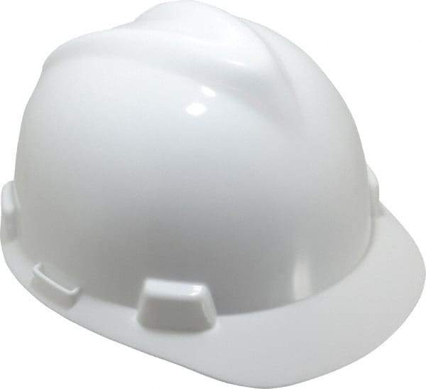 MSA - ANSI Type I, Class E Rated, 8-Point, Pin Lock Adjustment Hard Hat - One Size Fits Most, White, Standard Brim - USA Tool & Supply