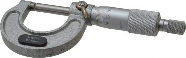 Value Collection - 0 to 25mm Range, 0.01mm Graduation, Mechanical Outside Micrometer - Ratchet Stop Thimble, Accurate to 0.004mm - USA Tool & Supply