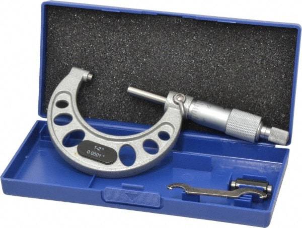 Value Collection - 1 to 2" Range, 0.0001" Graduation, Mechanical Outside Micrometer - Ratchet Stop Thimble, Accurate to 0.0001" - USA Tool & Supply