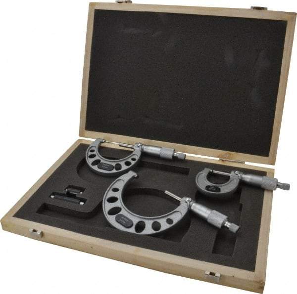 Value Collection - 0 to 75mm Range, 3 Piece Mechanical Outside Micrometer Set - 0.01mm Graduation, 0.005mm Accuracy, Ratchet Stop Thimble, Steel Face - USA Tool & Supply