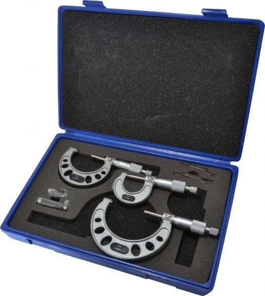 Value Collection - 0 to 3" Range, 3 Piece Mechanical Outside Micrometer Set - 0.0001" Graduation, 0.0001" Accuracy, Ratchet Stop Thimble, Steel Face - USA Tool & Supply