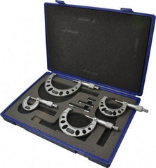 Value Collection - 0 to 100mm Range, 4 Piece Mechanical Outside Micrometer Set - 0.01mm Graduation, 0.005mm Accuracy, Ratchet Stop Thimble, Steel Face - USA Tool & Supply