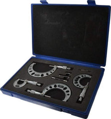 Value Collection - 0 to 4" Range, 4 Piece Mechanical Outside Micrometer Set - 0.0001" Graduation, 0.0001" Accuracy, Ratchet Stop Thimble, Steel Face - USA Tool & Supply