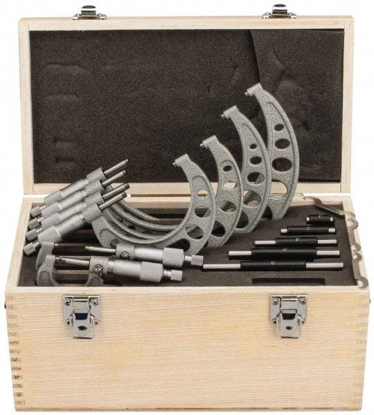 Value Collection - 0 to 6" Range, 6 Piece Mechanical Outside Micrometer Set - 0.0001" Graduation, 0.0001" Accuracy, Ratchet Stop Thimble, Steel Face - USA Tool & Supply