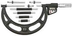 Starrett - 12 to 16" Range, 0.0001" Resolution, Standard Throat, Electronic Outside Micrometer - 0.0004" Accuracy, Friction Thimble, Micro Lapped Carbide Face, CR2450 Battery, Data Output, Includes 3V Battery - USA Tool & Supply