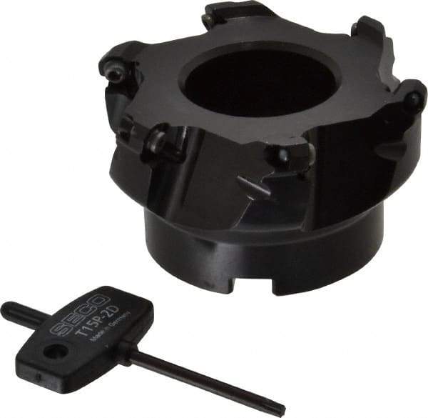 Seco - 3.15" Cut Diam, 1" Arbor Hole, 0.138" Max Depth of Cut, 43° Indexable Chamfer & Angle Face Mill - 6 Inserts, OF.. 05T305 Insert, Right Hand Cut, 6 Flutes, Series R220.43 - USA Tool & Supply
