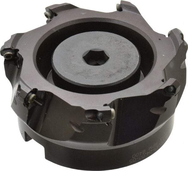 Seco - 3.94" Cut Diam, 1-1/2" Arbor Hole, 0.138" Max Depth of Cut, 43° Indexable Chamfer & Angle Face Mill - 7 Inserts, OF.. 05T305 Insert, Right Hand Cut, 7 Flutes, Series R220.43 - USA Tool & Supply