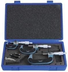 Fowler - 0 to 3" Range, 3 Piece Mechanical Outside Micrometer Set - 0.0001" Graduation, 0.00005 (0 to 1), 0.0001 (1 to 3)" Accuracy, Ratchet Stop Thimble, Carbide Tipped Face - USA Tool & Supply