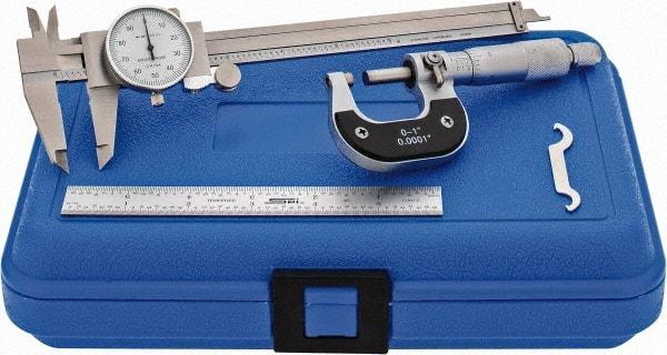 Value Collection - 3 Piece, Machinist Caliper and Micrometer Tool Kit - 0 to 1 Inch Micrometer, 0.0001 Inch Graduation - USA Tool & Supply