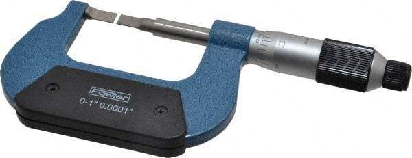 Fowler - 0" to 1" Mechanical Baked Enamel (Frame) & Satin Chrome (Graduations) Coated Blade Micrometer - 0.0001" Accuracy, 0.0001" Graduation, 0.03" Blade Thickness, Ratchet Stop Thimble - USA Tool & Supply