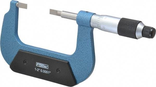 Fowler - 1" to 2" Mechanical Baked Enamel (Frame) & Satin Chrome (Graduations) Coated Blade Micrometer - 0.0001" Graduation, 0.03" Blade Thickness, Ratchet Stop Thimble - USA Tool & Supply