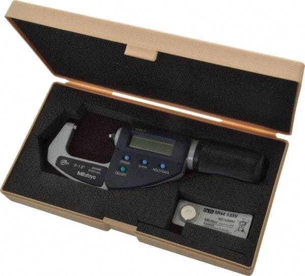 Mitutoyo - 0 to 1.2 Inch Range, 0.0001 Inch Resolution, Standard Throat, IP54 Electronic Outside Micrometer - 0.0001 Inch Accuracy, Ratchet Friction Thimble, Carbide Face, SR44 Battery, Data Output, Plastic Case - USA Tool & Supply