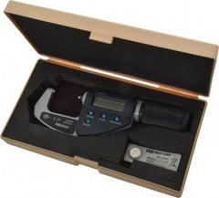 Mitutoyo - 0 to 1.2 Inch Range, 0.0001 Inch Resolution, Standard Throat, IP54 Electronic Outside Micrometer - 0.0001 Inch Accuracy, Ratchet Friction Thimble, Carbide Face, SR44 Battery, Data Output, Plastic Case - USA Tool & Supply
